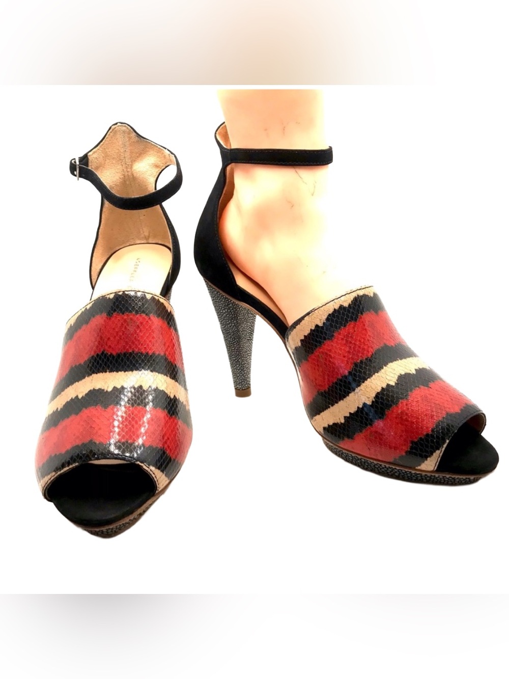 LOEFFLER RANDALL "ROSIE" RED, BLACK & CREAM LEATHER PLATFORM HEELS (9B) - Picture 7 of 12